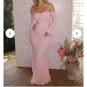 Off-Shoulder Long Sleeve Pink Lace Mermaid Gown